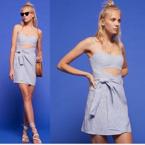 REFORMATION 100% Linen Blue White Stripe Cut Out Playa Mini Dress, Size 12P Sexy - Picture 2 of 9